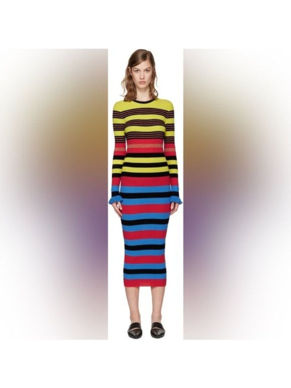 Opening Ceremony Striped Ribbed Knit Midi Dress In Azure Multi Ruffle - Picture 2 of 11